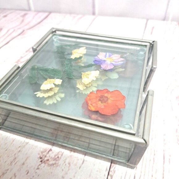 Set Of 4 Vintage Pressed Flower Glass Coasters With Metal Holder By Burnes Of Bo - Picture 6 of 6